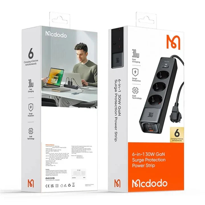 Mcdodo 6-in-1 30W GaN Surge Protection Power Strip (EU)
